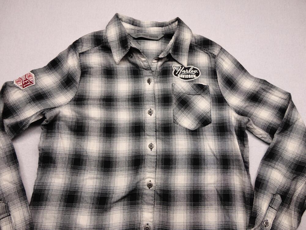 Harley-Davidson Shirt Womens Small Black White Plaid Snap Flannel Tunic Logo